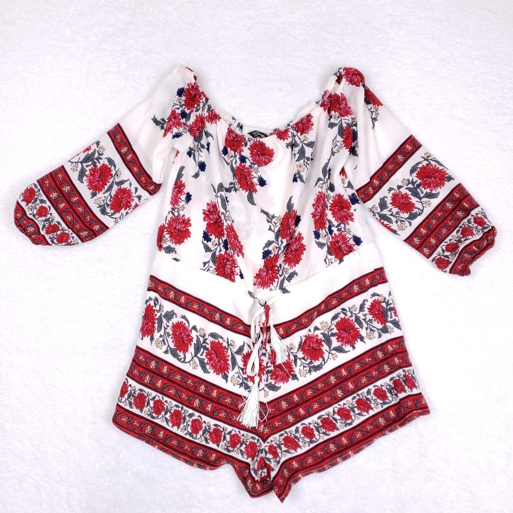 Simplee Romper Boho Off Shoulder Bell Sleeve Medium White Red Floral Print
